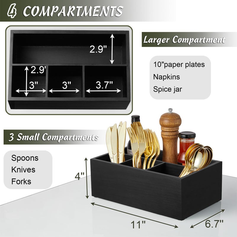 DRASTAR Paper Plate Dispenser  Wooden Utensil Caddy Organizer  Large Silverware Holder for Party  Black Paper Plate Organizer  Kitchen Utensil Caddy for Party Picnic Camping - Image 3